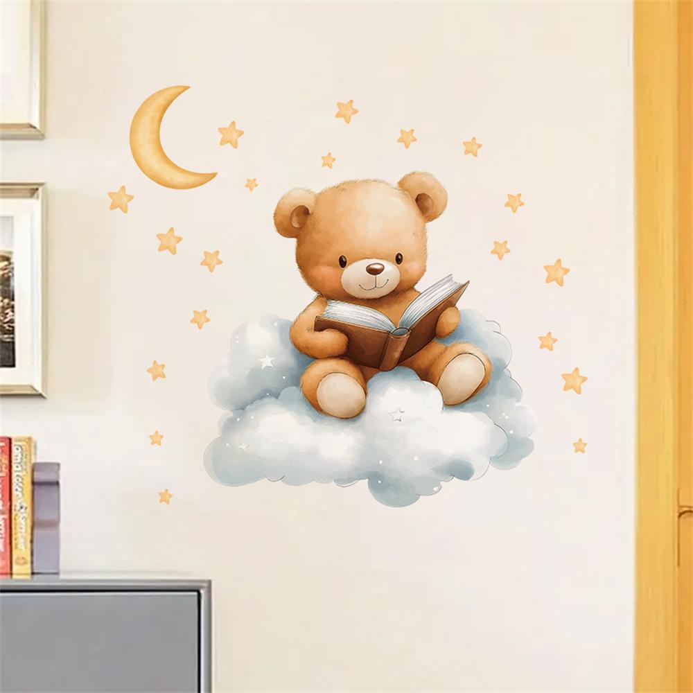 Baby Nursery Wallpaper Girl - Sevimli Ayı Ay Yıldız Duvar Çıkartmaları