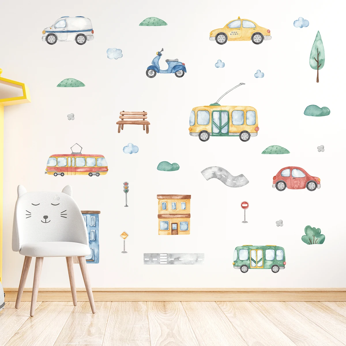 Baby Nursery Tree - Karikatür Ağacı Otobüs Araba duvar çıkartmaları