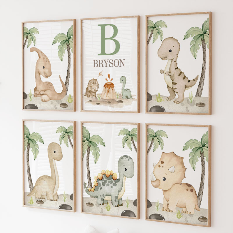 Baby Nursery Tree - 6 Çeşit Nötr Dinozor Kanvas Tablo,