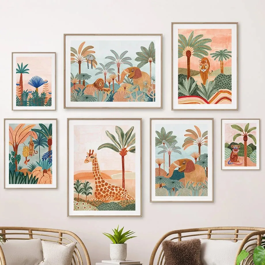 Baby Nursery Tree - Boho Orman Hayvanları Kaplan Maymun Zürafa