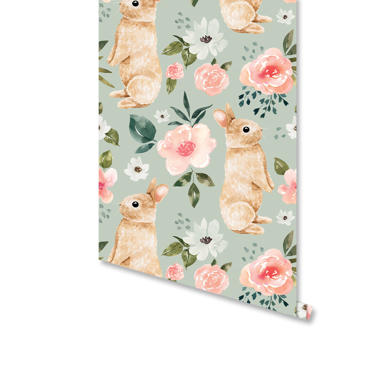 Baby Nursery Wallpaper Girl - Adaçayı Yeşil Tavşan Çiçek Duvar Kağıdı